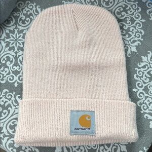 Carhartt Light Pink Knit Beanie with Yellow Logo Patch